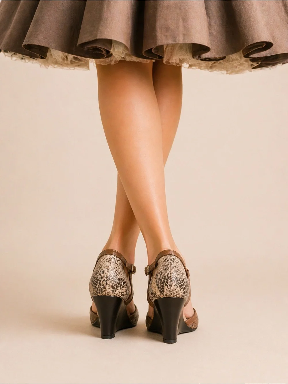 Franco Sarto Brown Snake-Print Wedge Sandals with Ankle Strap